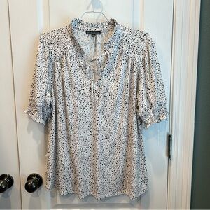 Adrianna Papell Women’s White Black Polka Dot Smocked Sleeve Tie Front Blouse LG